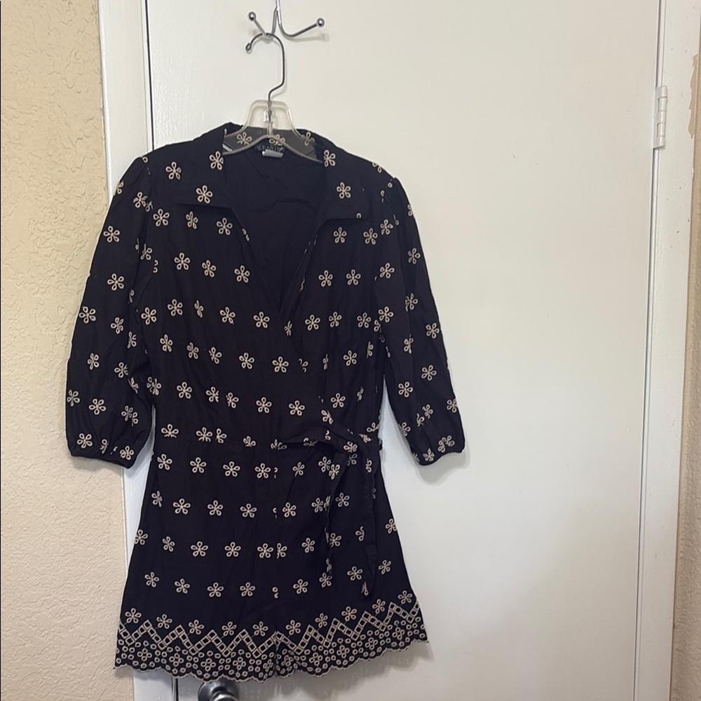 Casual Black Romper with Tan Floral Embroidery